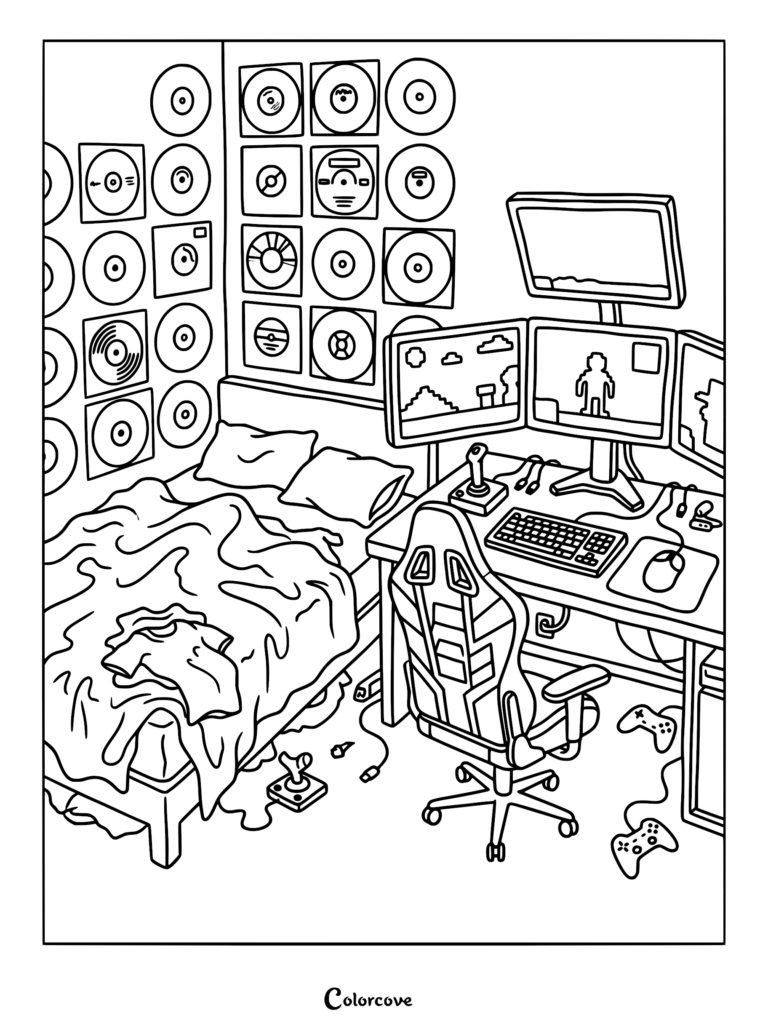 A detailed gamer bedroom coloring page featuring a triple monitor setup, gaming chair, bed with messy blankets, and walls covered in vinyl records.