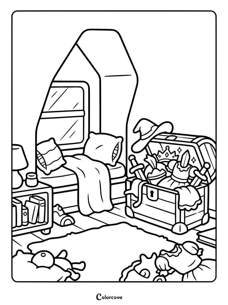 Cozy bedroom coloring page featuring a window seat with pillows, a nightstand with books, and an open treasure chest filled with a crown, sword, and dress.