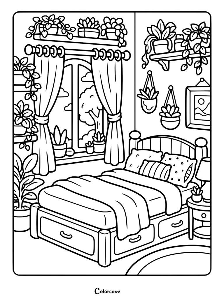A cozy bedroom coloring page featuring a bed with storage drawers, a window with curtains, and numerous potted houseplants on shelves and hanging planters.