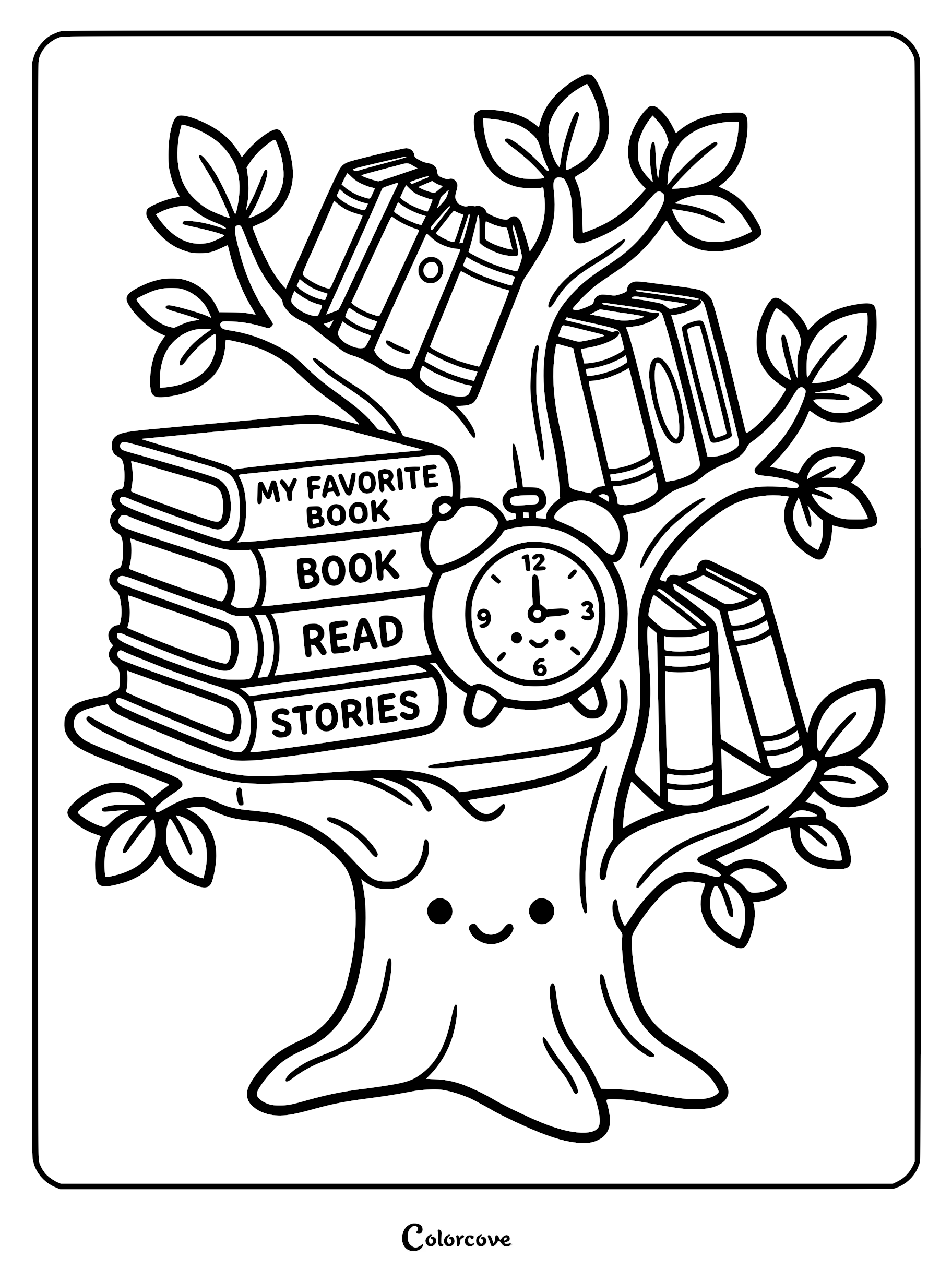 A cute tree character with a smiling face holding stacks of books and a happy alarm clock in its branches, coloring page.