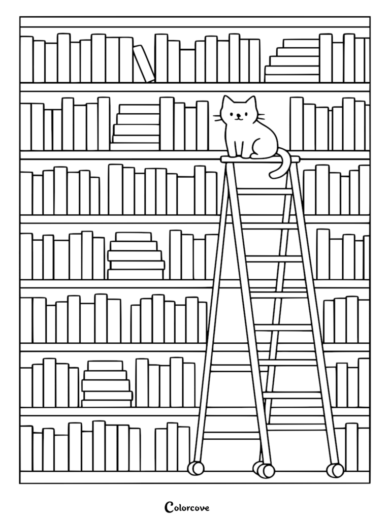 A cute cartoon cat sitting on top of a rolling library ladder in front of a tall bookshelf filled with books, coloring page style line art.