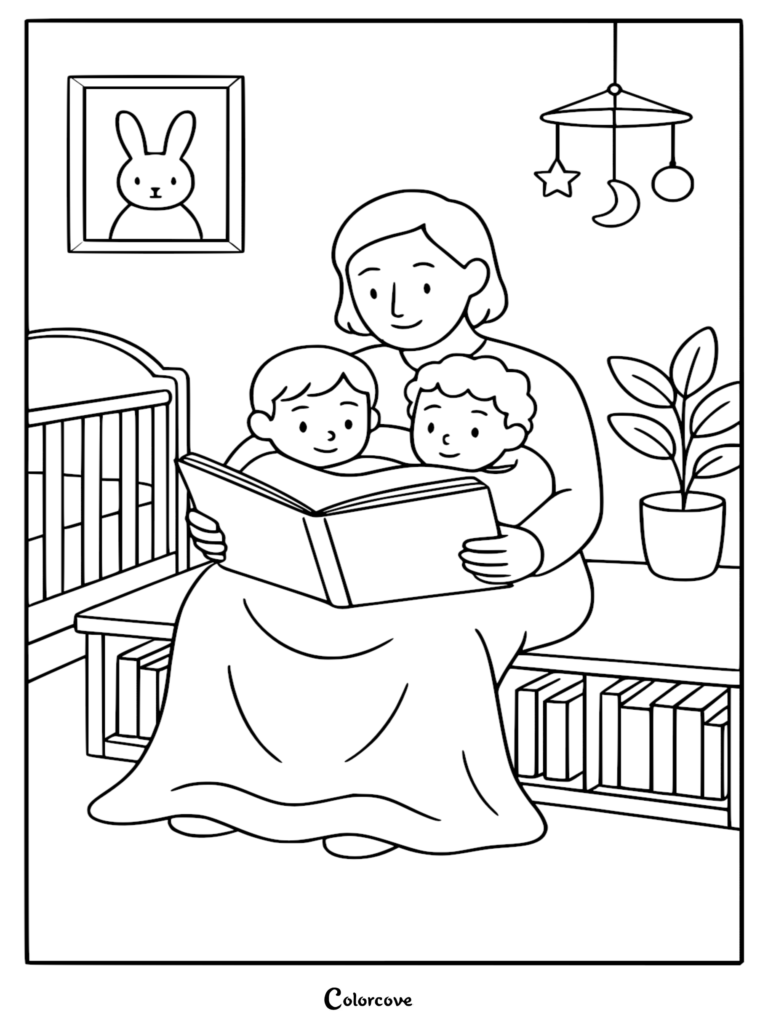 A mother reading a book to two children while sitting on a bench in a cozy library, featuring a crib, a houseplant, and a bunny picture on the wall in this printable coloring page.