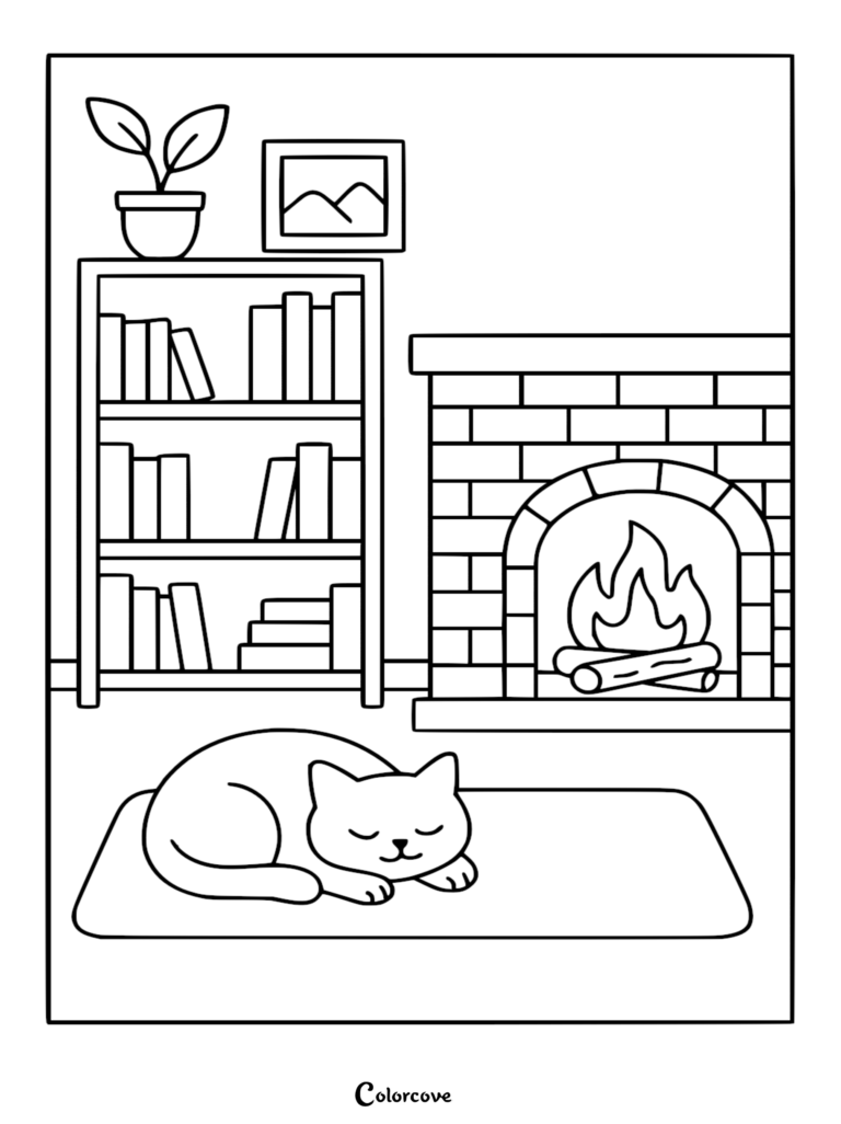 A cat sleeping on a rug in front of a brick fireplace and a bookshelf, coloring page line art.