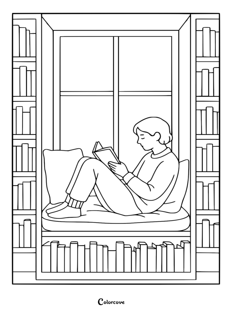 A person sitting in a window seat reading a book, surrounded by floor-to-ceiling bookshelves, in a clean line art coloring page style.