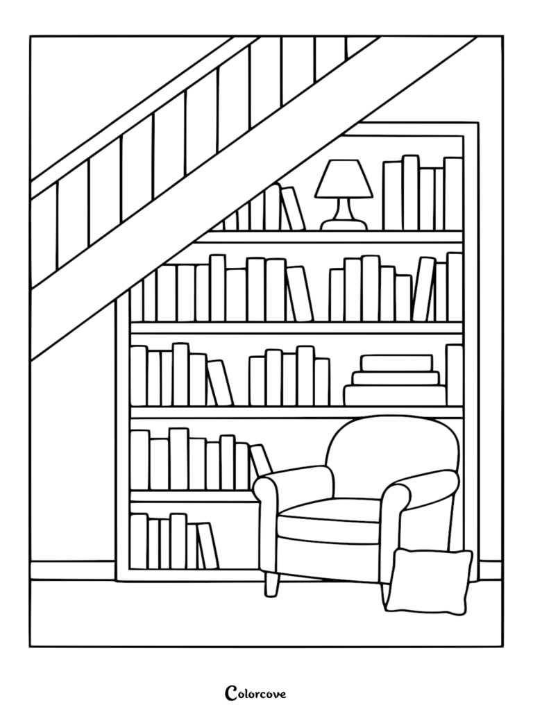 A line art coloring page featuring a bookshelf tucked under a staircase, complete with a reading chair and a lamp.