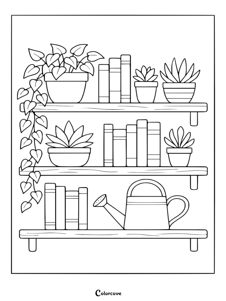 A cozy bookshelf coloring page featuring three wooden shelves filled with potted succulents, trailing ivy, stacked books, and a watering can.