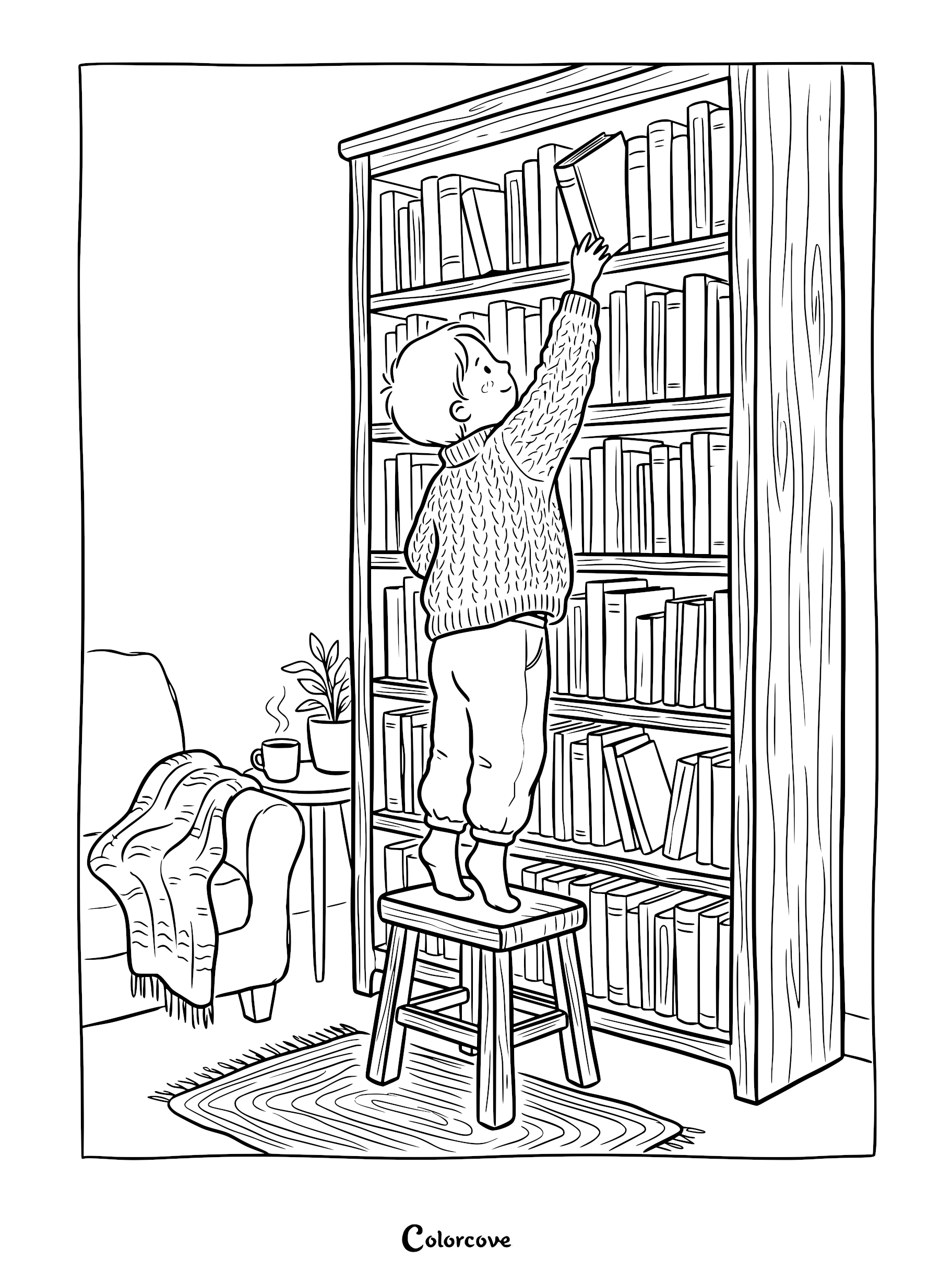 A young child in a cable-knit sweater standing on a wooden stool to reach a book on a tall, full bookshelf, a cozy armchair with a blanket nearby, line art coloring page.