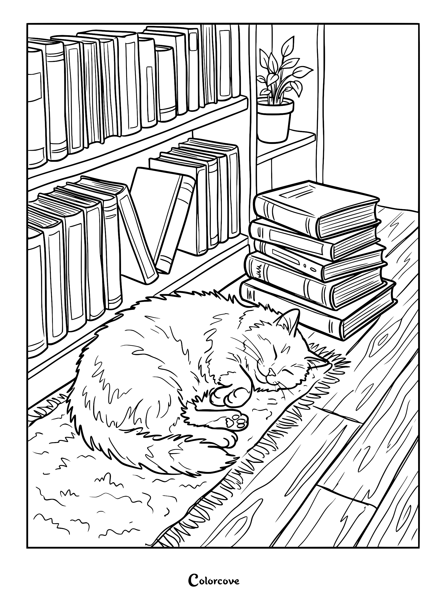 A fluffy cat sleeping on a rug in front of a bookshelf filled with books, a potted plant, and a stack of books, line art coloring page.