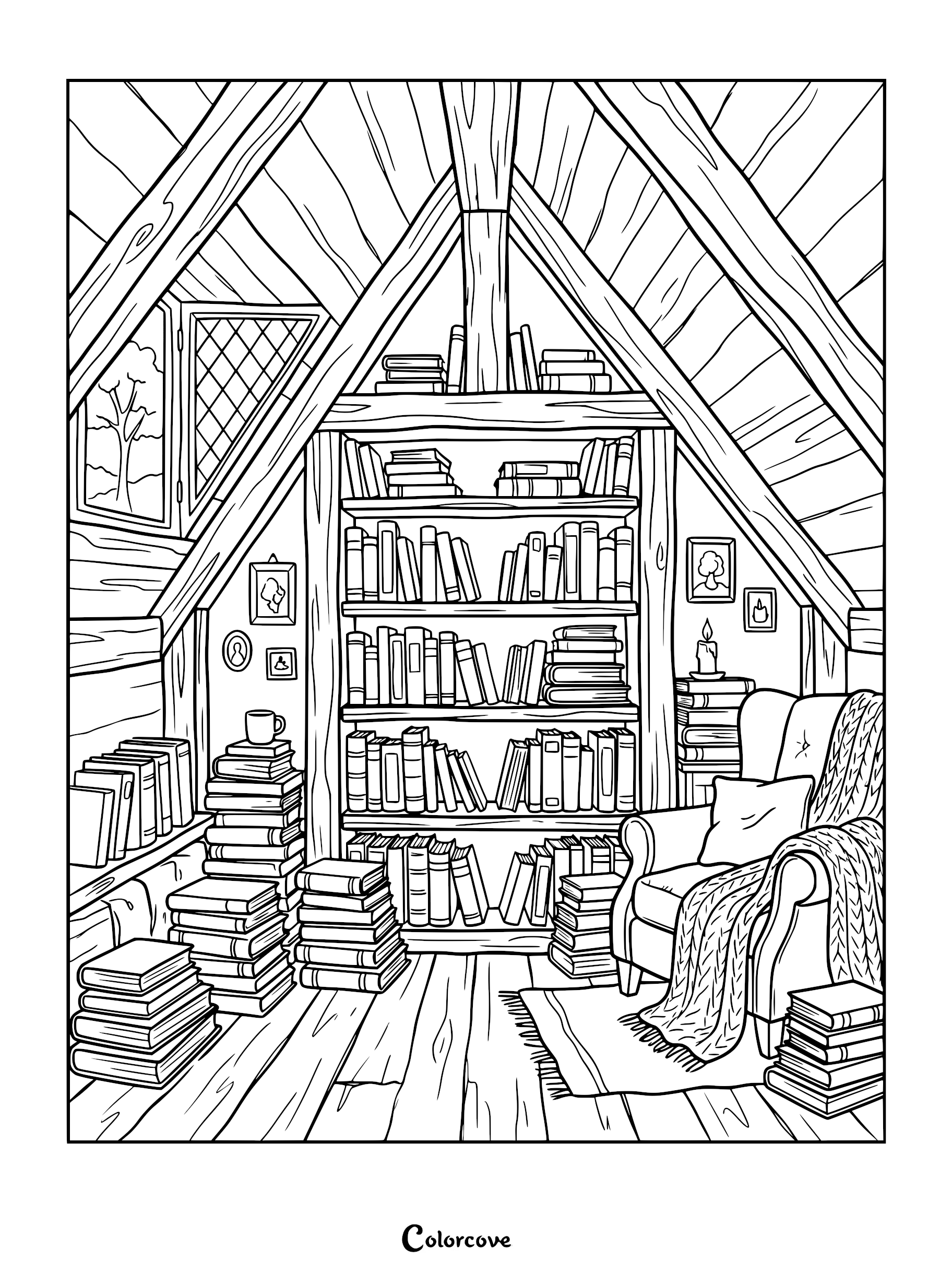 A detailed coloring page of a cozy attic library featuring a large wooden bookshelf filled with books, a comfortable armchair with a knitted throw blanket, stacks of books on the floor, and a lit candle.