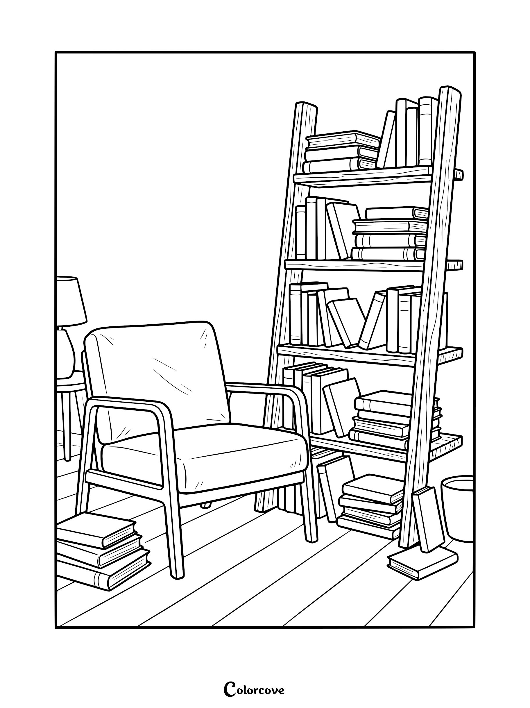 A line art coloring page featuring a modern armchair next to a tall, leaning ladder-style bookshelf filled with stacks of books and a small side table lamp.