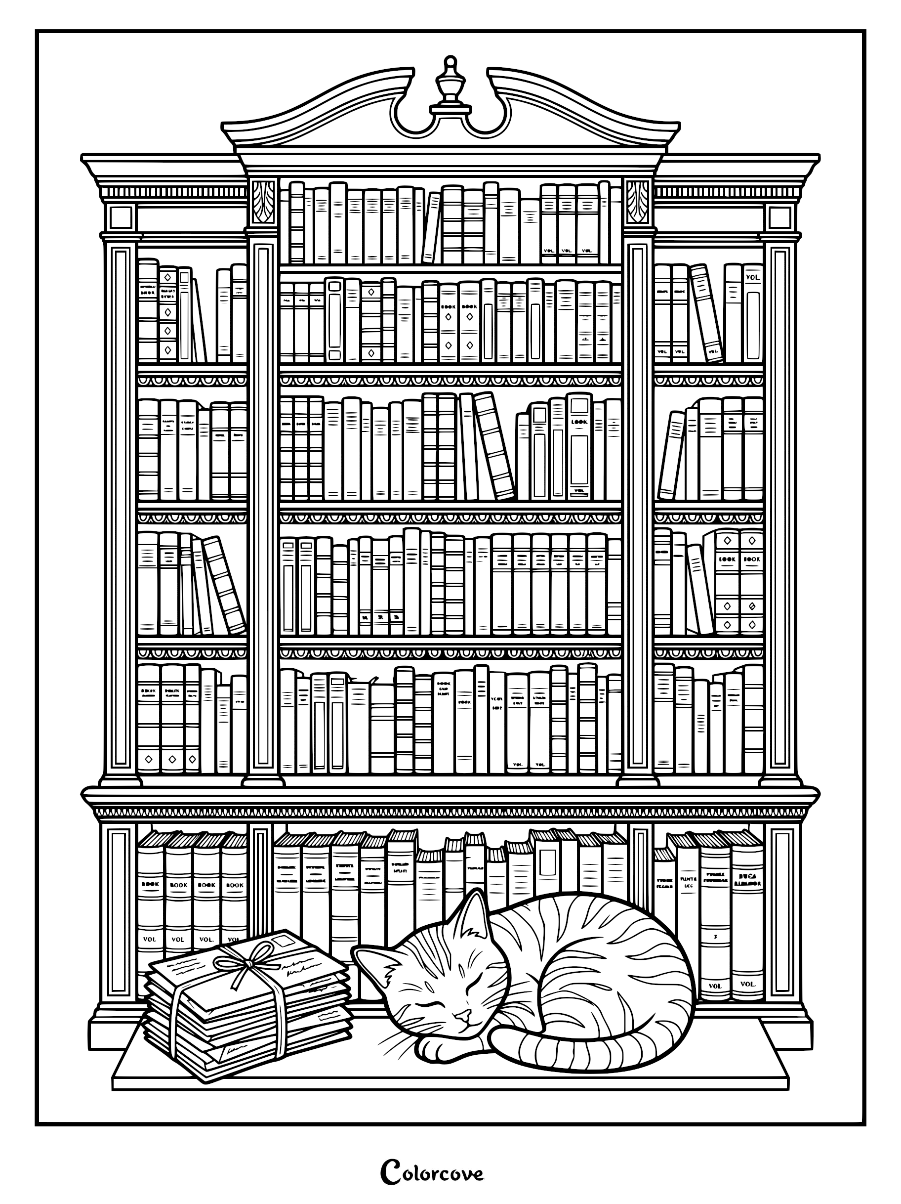 A detailed coloring page featuring a large, ornate wooden bookshelf filled with rows of books, with a stack of tied letters and a sleeping tabby cat resting on the bottom shelf.