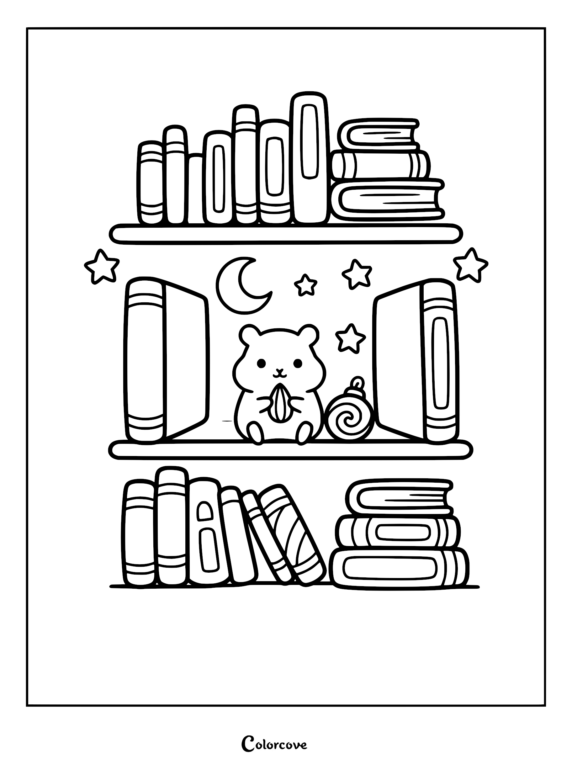 A cute hamster holding a sunflower seed on a bookshelf filled with books, stars, and a crescent moon in this printable coloring page.
