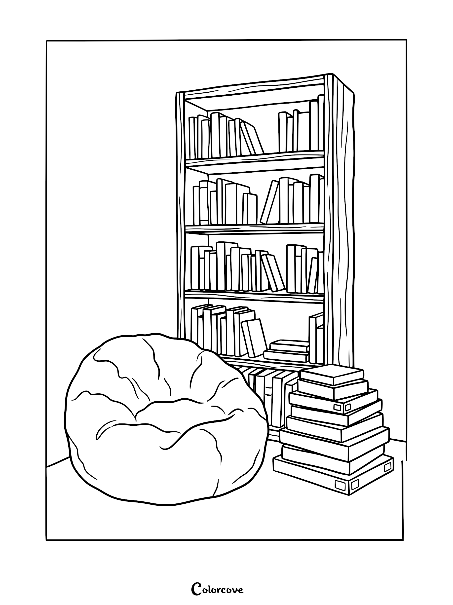 A printable coloring page featuring a tall wooden bookshelf filled with books, a large beanbag chair, and a stack of books on the floor.