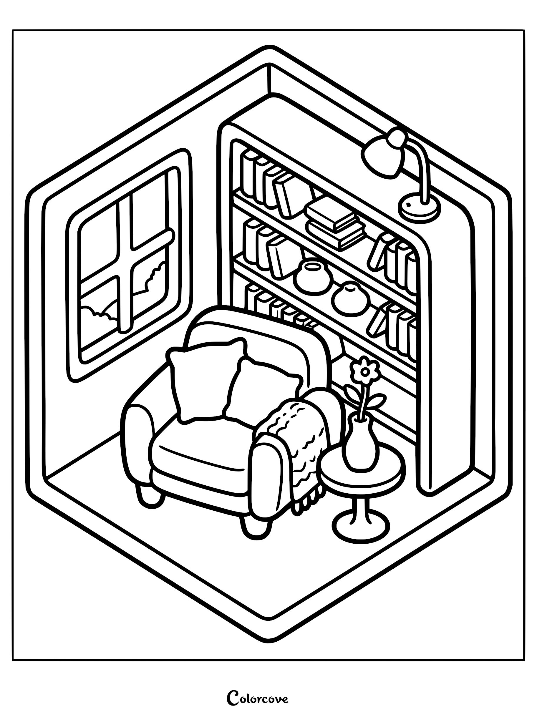 Isometric coloring page featuring a cozy armchair with a throw blanket, a bookshelf filled with books and vases, a side table with a flower, and a window.