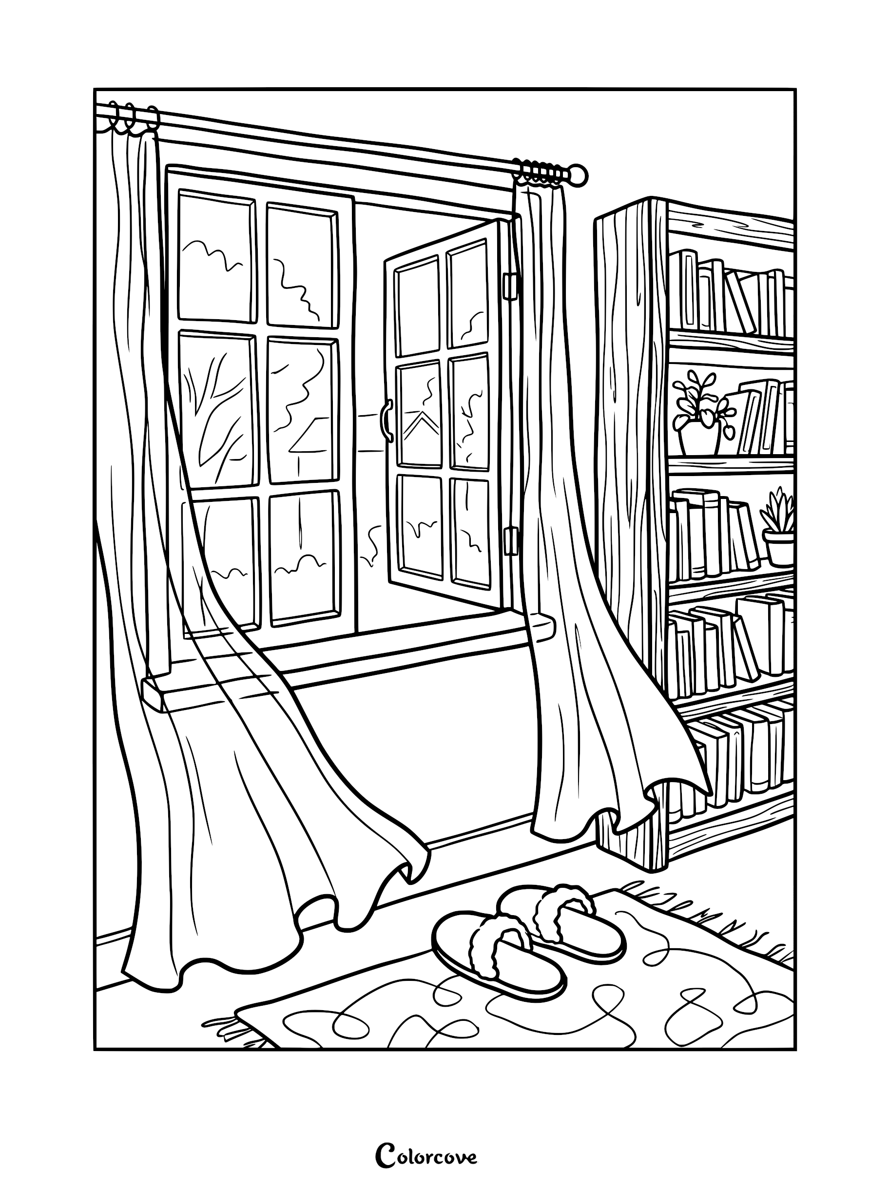 A line art coloring page featuring an open window with blowing curtains, a tall bookshelf filled with books and plants, and a pair of fuzzy slippers on a patterned rug.