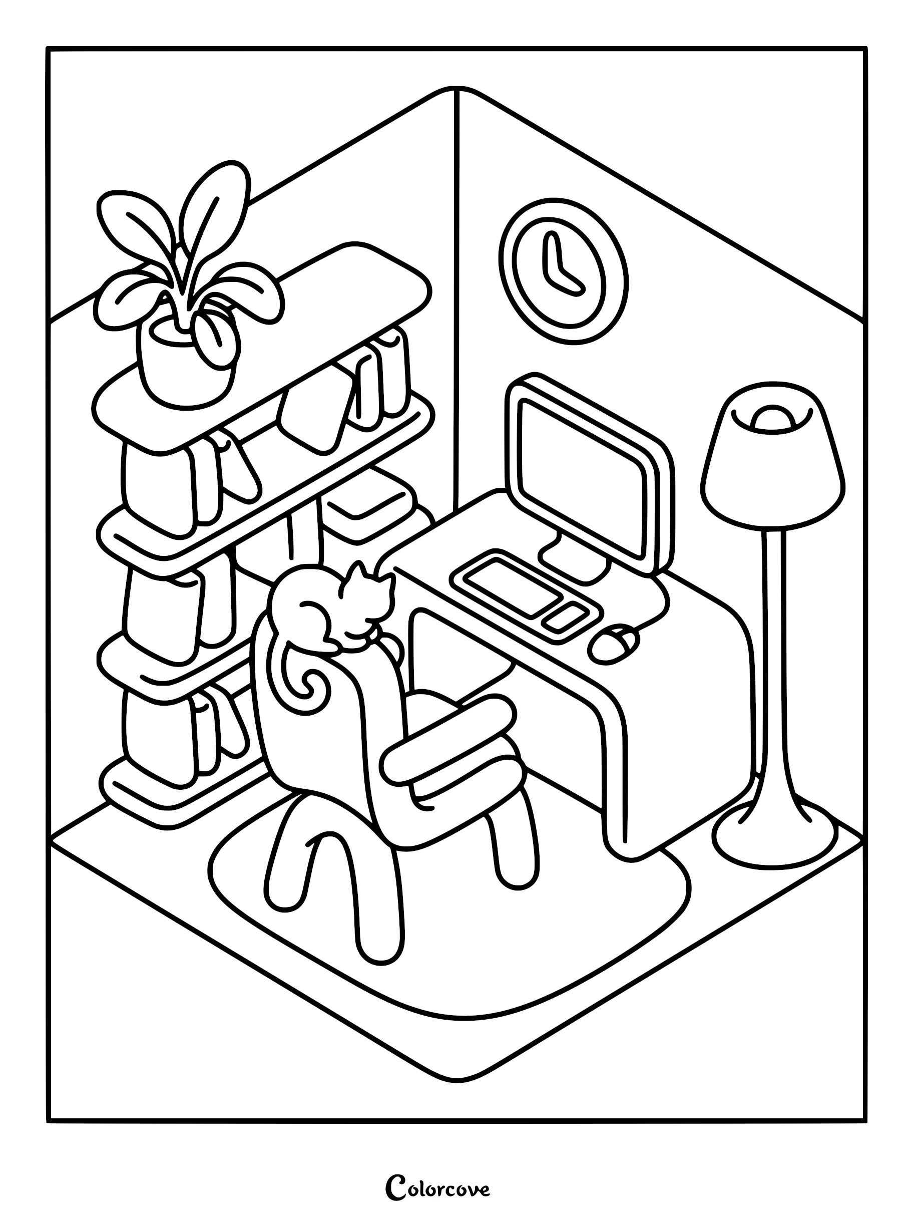 Isometric coloring page featuring a cozy home office with a bookshelf, a cat sleeping on a chair, a computer desk, and a floor lamp.