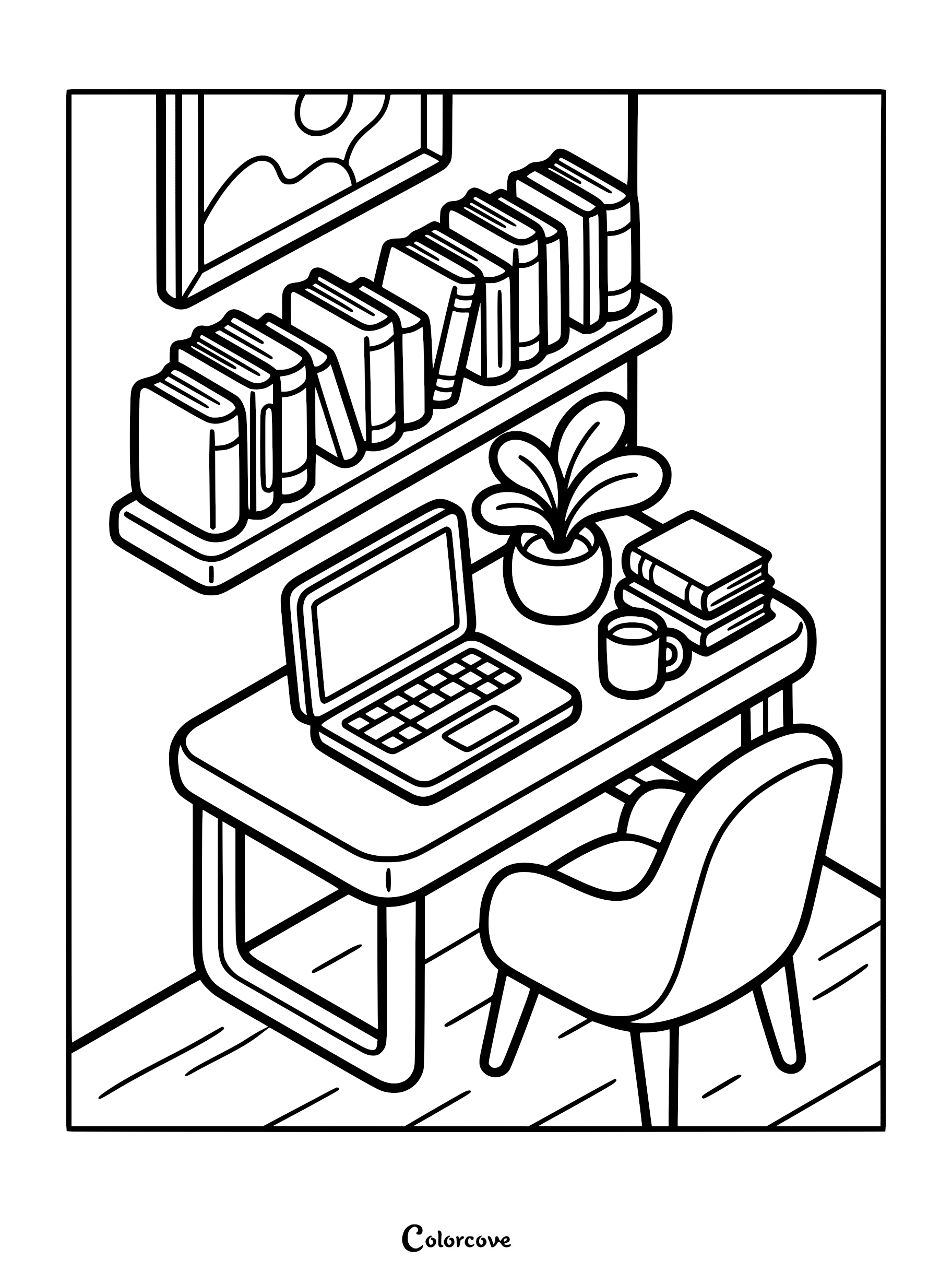Isometric coloring page featuring a desk with a laptop, a potted plant, a coffee mug, and a stack of books under a wall-mounted bookshelf.