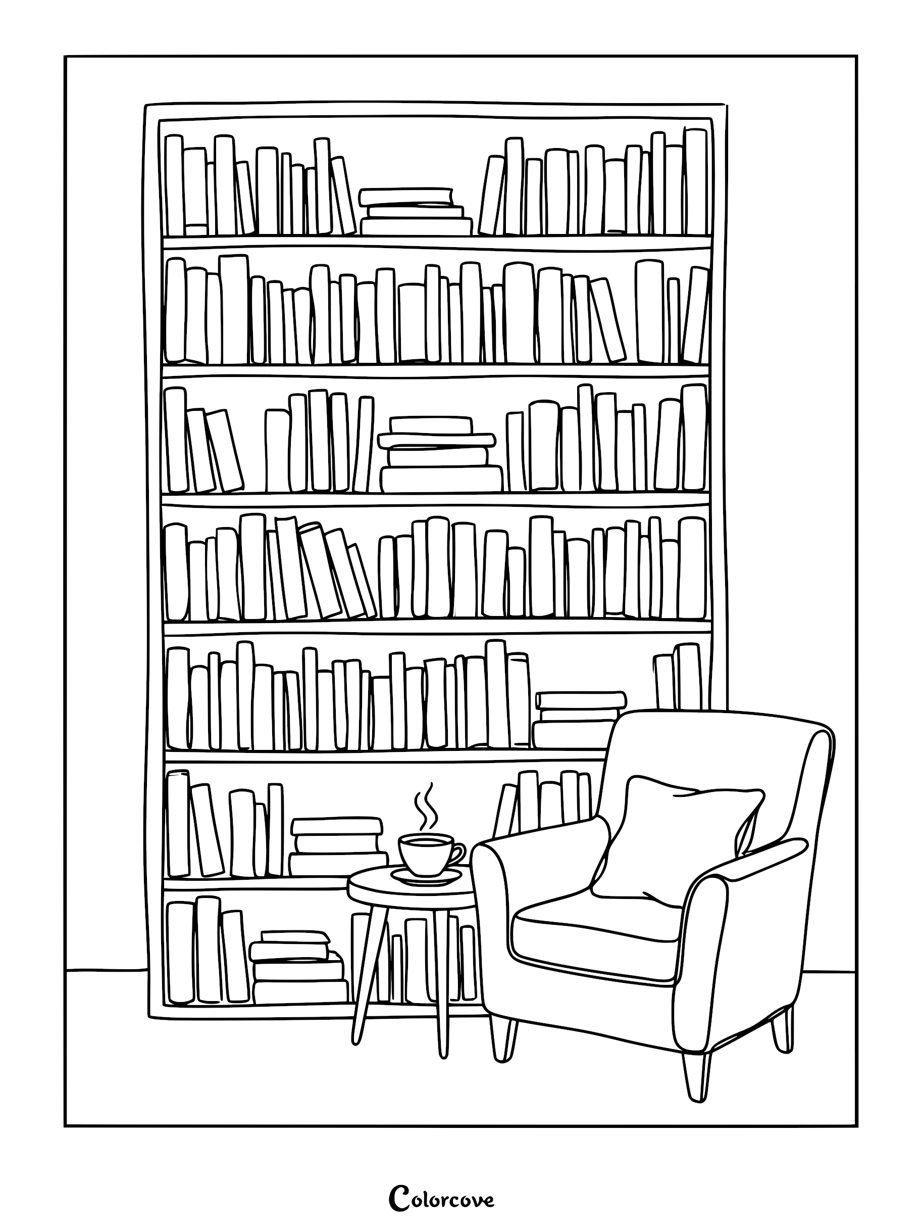 A line art coloring page featuring a tall bookshelf filled with books next to a comfortable armchair and a small side table with a steaming cup of coffee.
