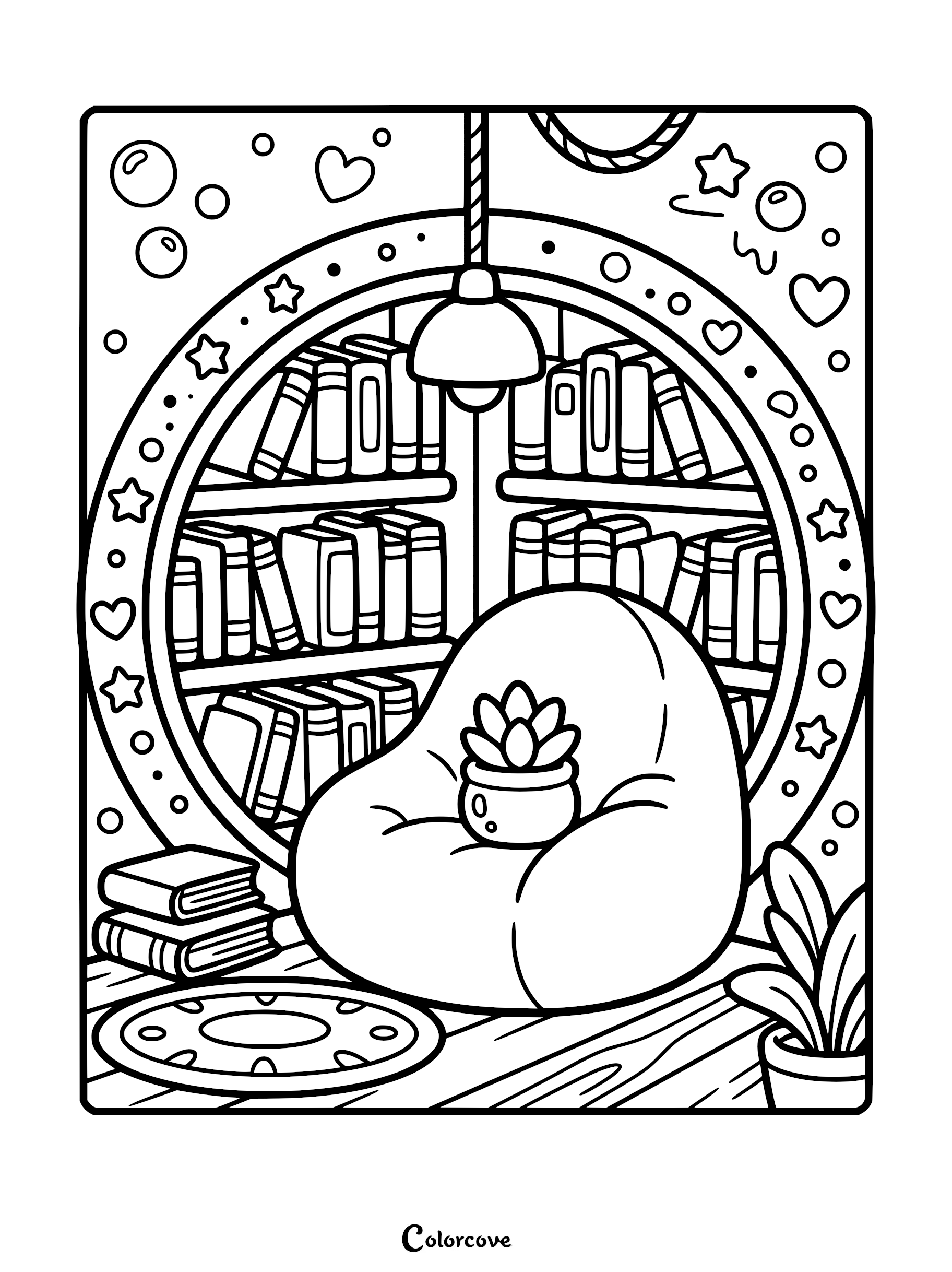 A cozy reading nook coloring page featuring a circular bookshelf, a beanbag chair with a succulent, and hanging pendant light.