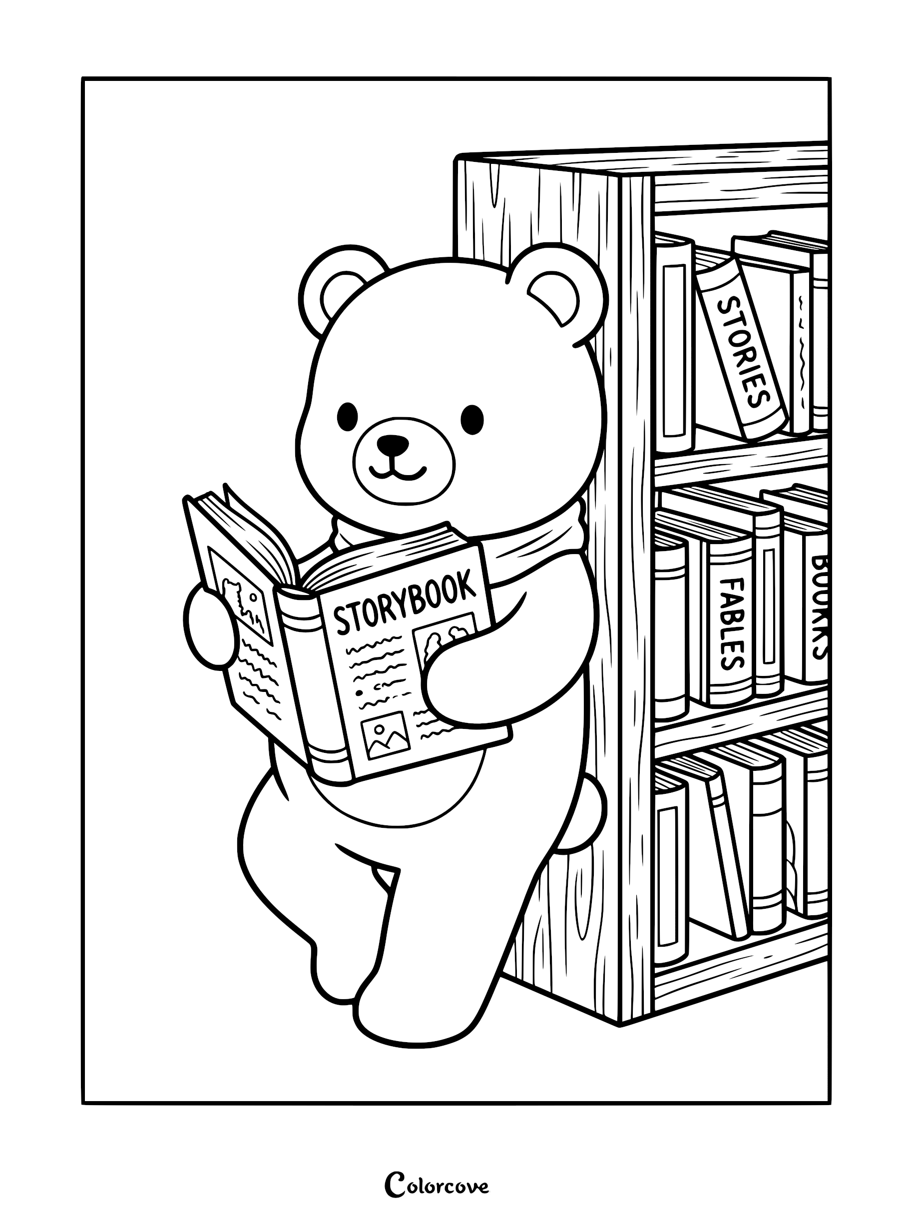 A cute teddy bear wearing a scarf reading a storybook while leaning against a wooden bookshelf in this printable coloring page.