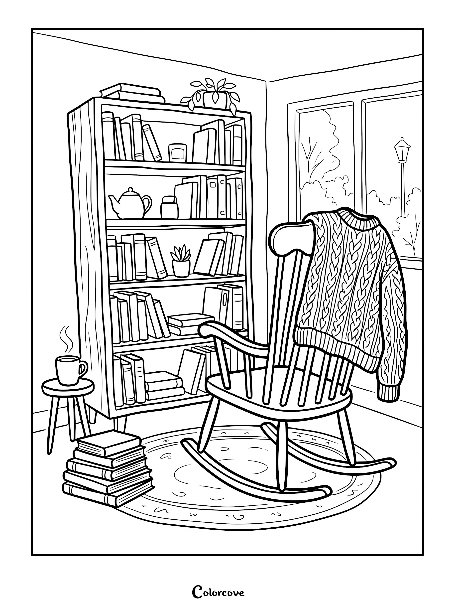 A cozy reading nook coloring page featuring a wooden rocking chair with a cable knit sweater, a bookshelf filled with books and a teapot, and a steaming mug on a side table.