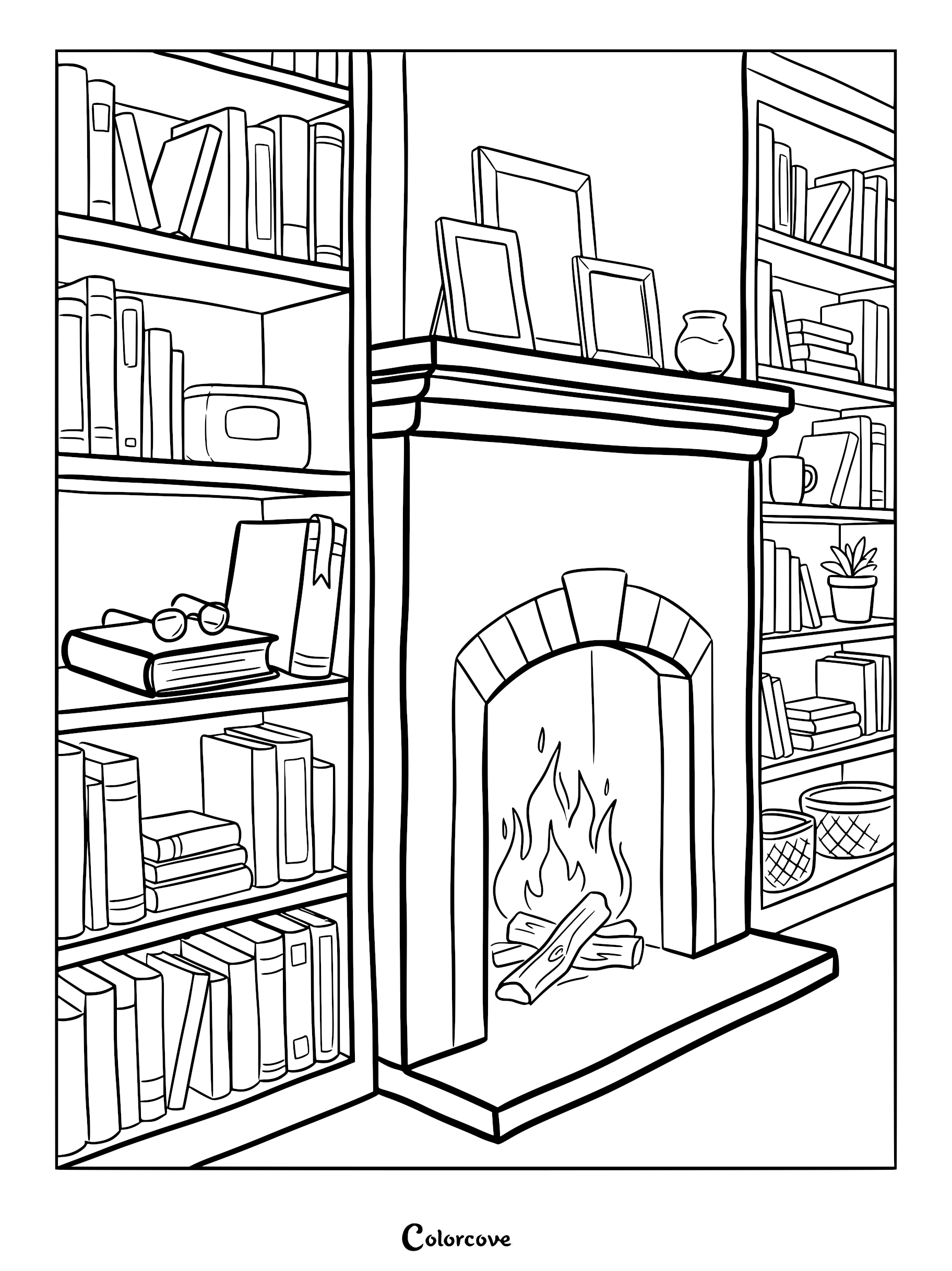 A detailed coloring page featuring a warm fireplace centered between two tall bookshelves filled with books, a small plant, and picture frames on the mantle.