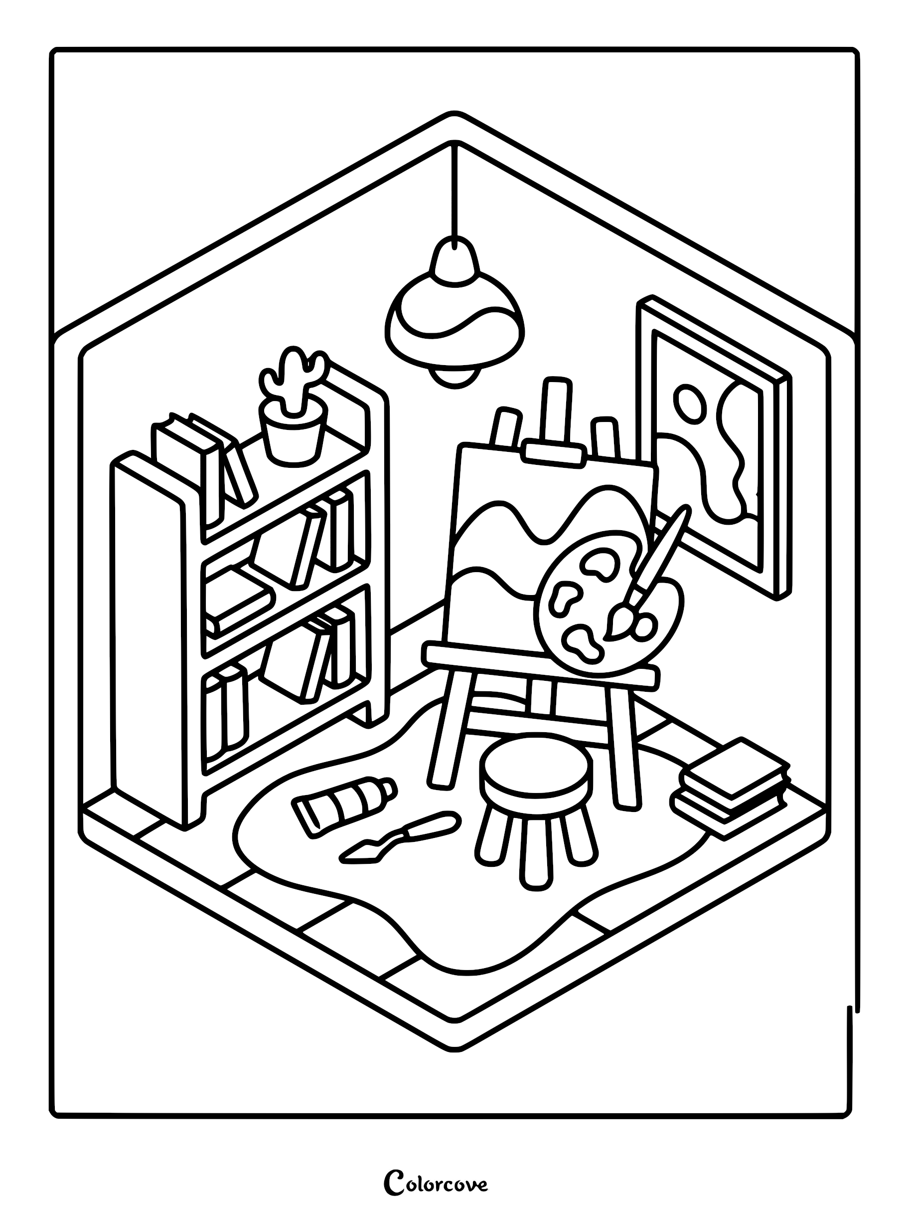 Isometric coloring page of an artist studio featuring a bookshelf with books, a cactus, an easel with a canvas, a paint palette, and a stool.