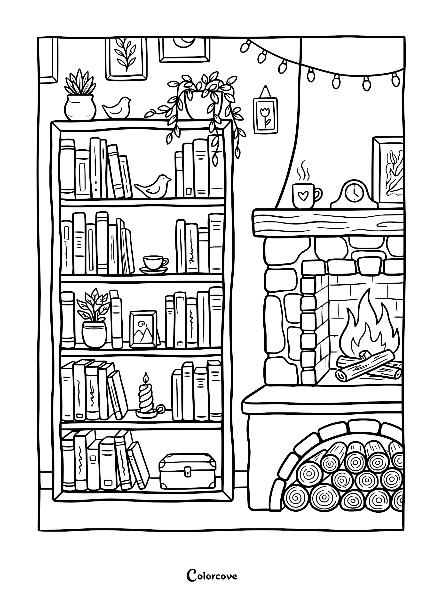 A cozy bookshelf coloring page featuring a tall bookcase filled with books, plants, and trinkets next to a stone fireplace with a crackling fire and a stack of firewood.