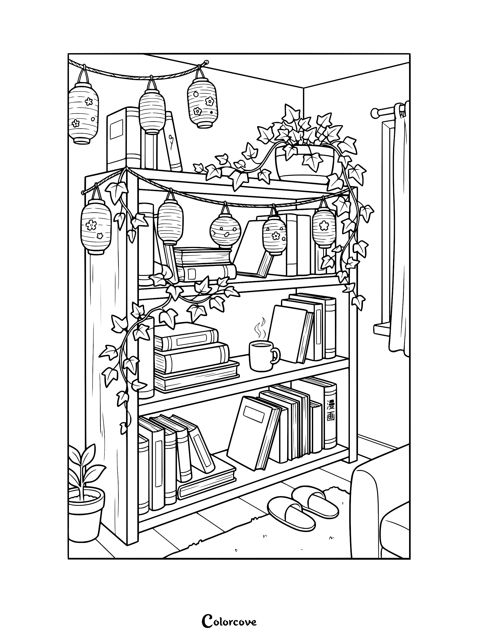 A cozy bookshelf coloring page featuring stacks of books, hanging paper lanterns, trailing ivy vines, and a steaming mug of tea.