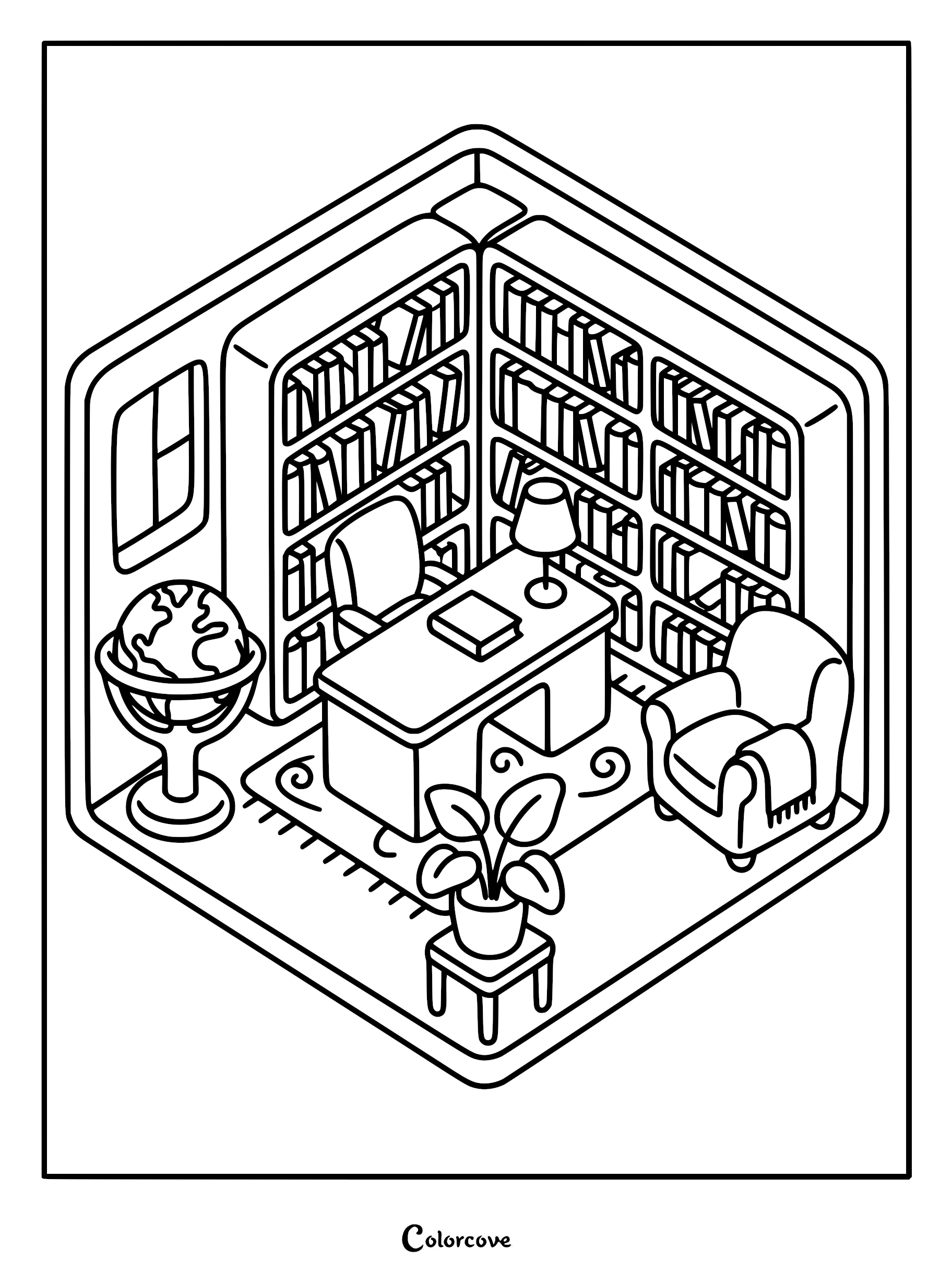 Isometric coloring page of a cozy study featuring floor-to-ceiling bookshelves, a desk with a lamp, a globe, an armchair, and a potted plant.