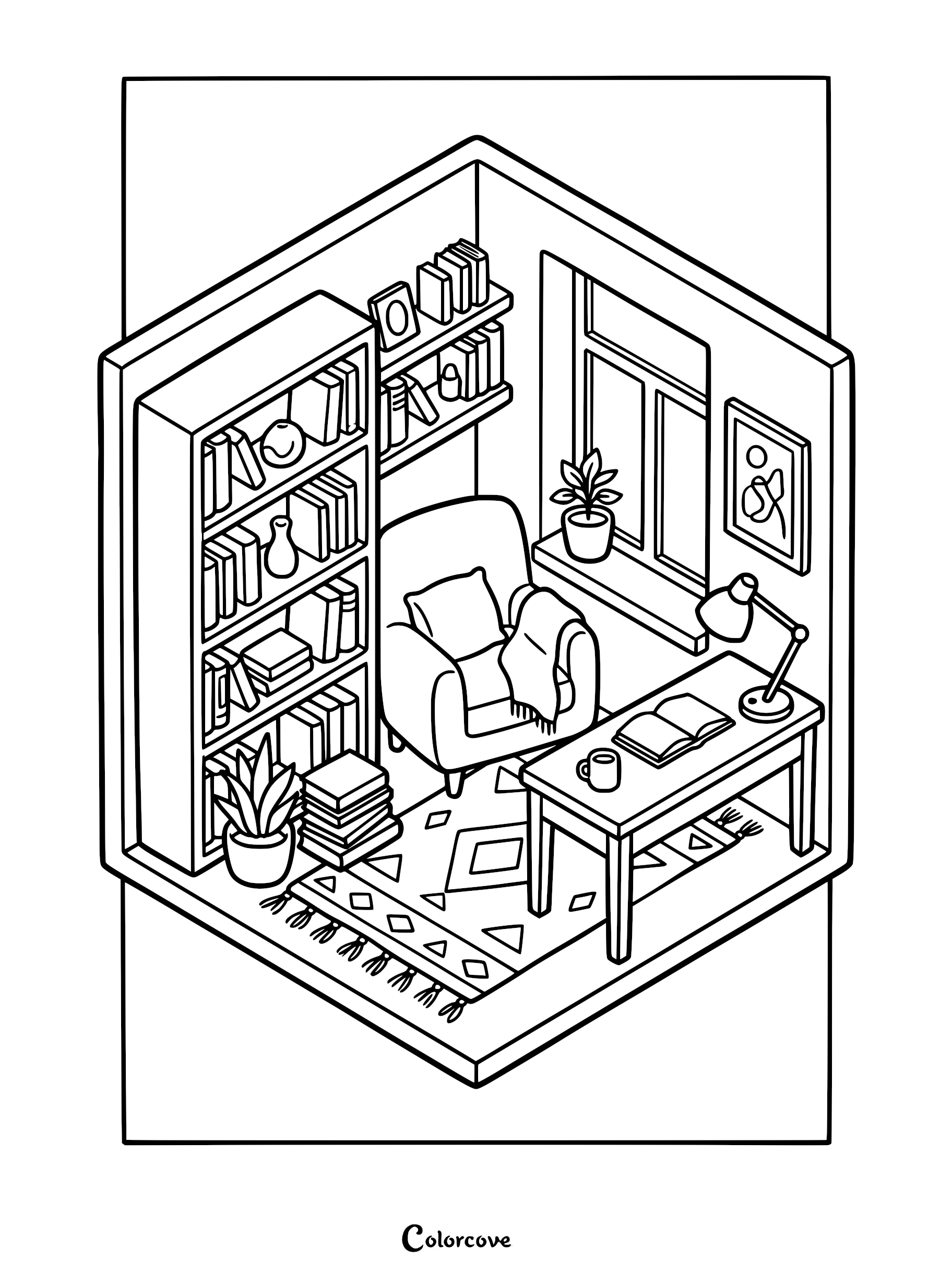 Isometric coloring page featuring a cozy reading nook with a bookshelf, armchair, desk, and geometric rug.