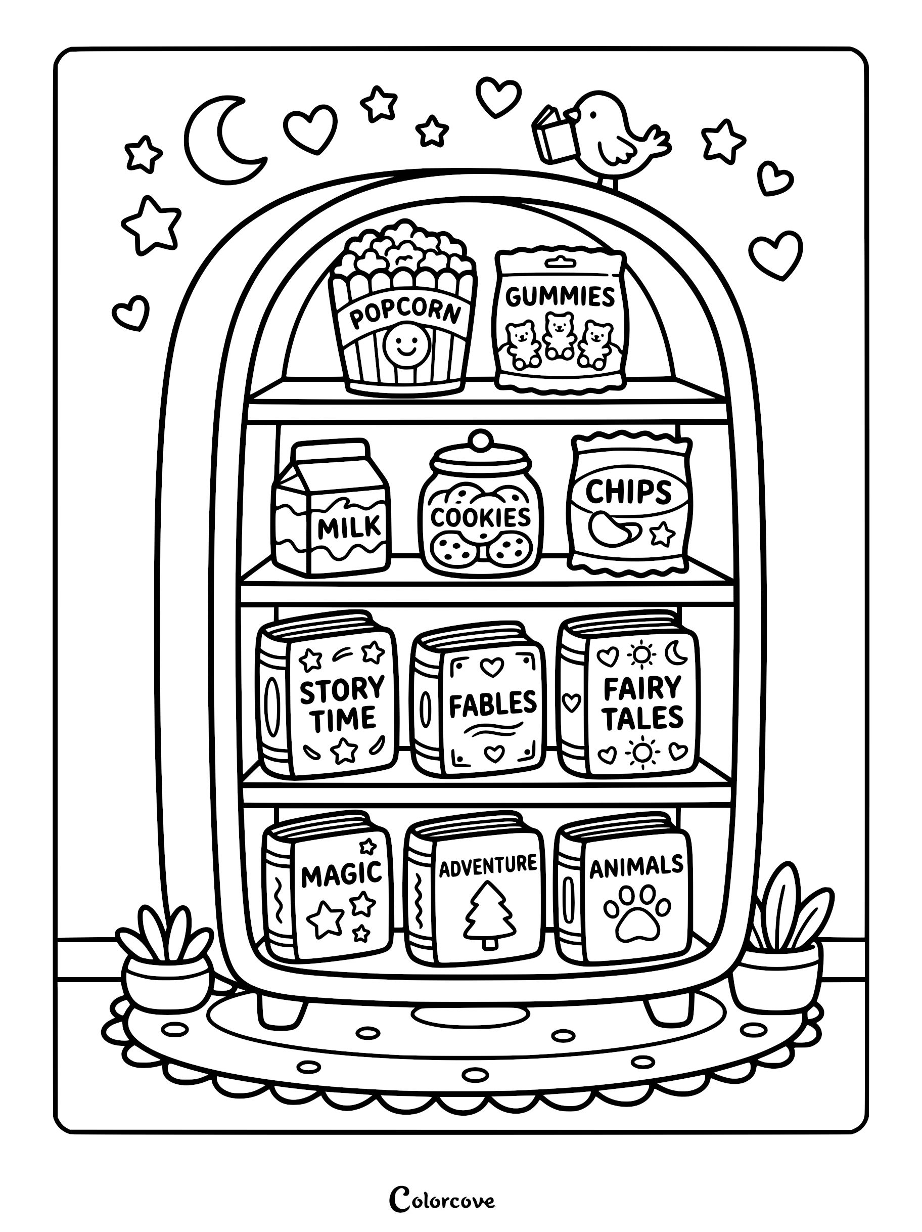 A cozy bookshelf coloring page featuring shelves filled with books, popcorn, gummies, milk, cookies, and chips, topped by a bird reading a book under stars and hearts.