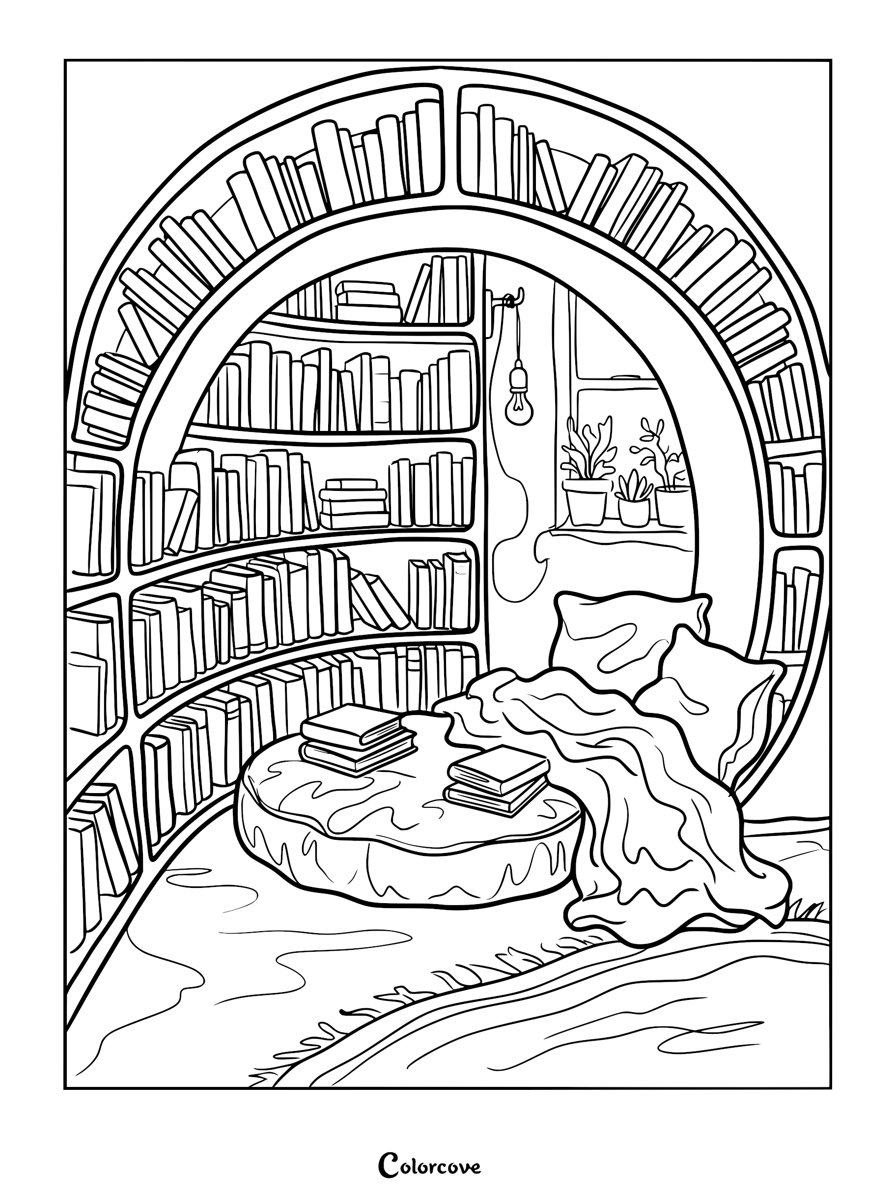 A circular cozy bookshelf coloring page featuring a round reading bed, stacks of books, a hanging lightbulb, and potted plants on a windowsill.