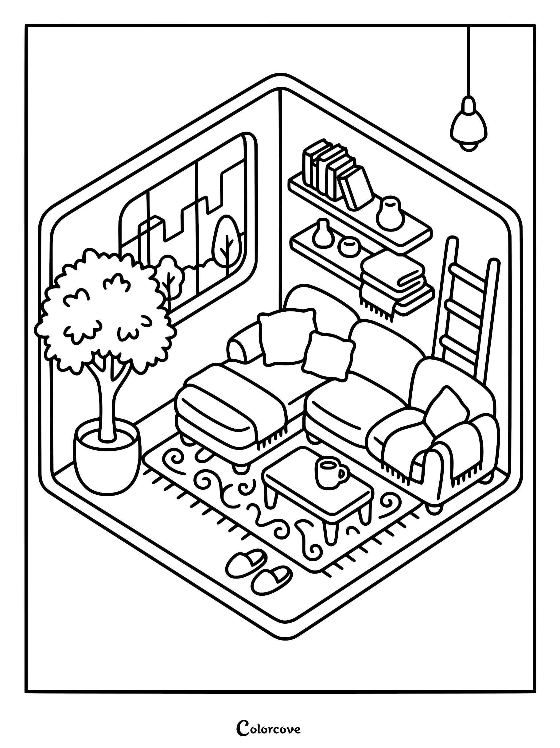 Isometric line art coloring page of a cozy living room featuring an L-shaped sofa, a potted tree, wall shelves with books, a coffee table with a mug, and a ladder.