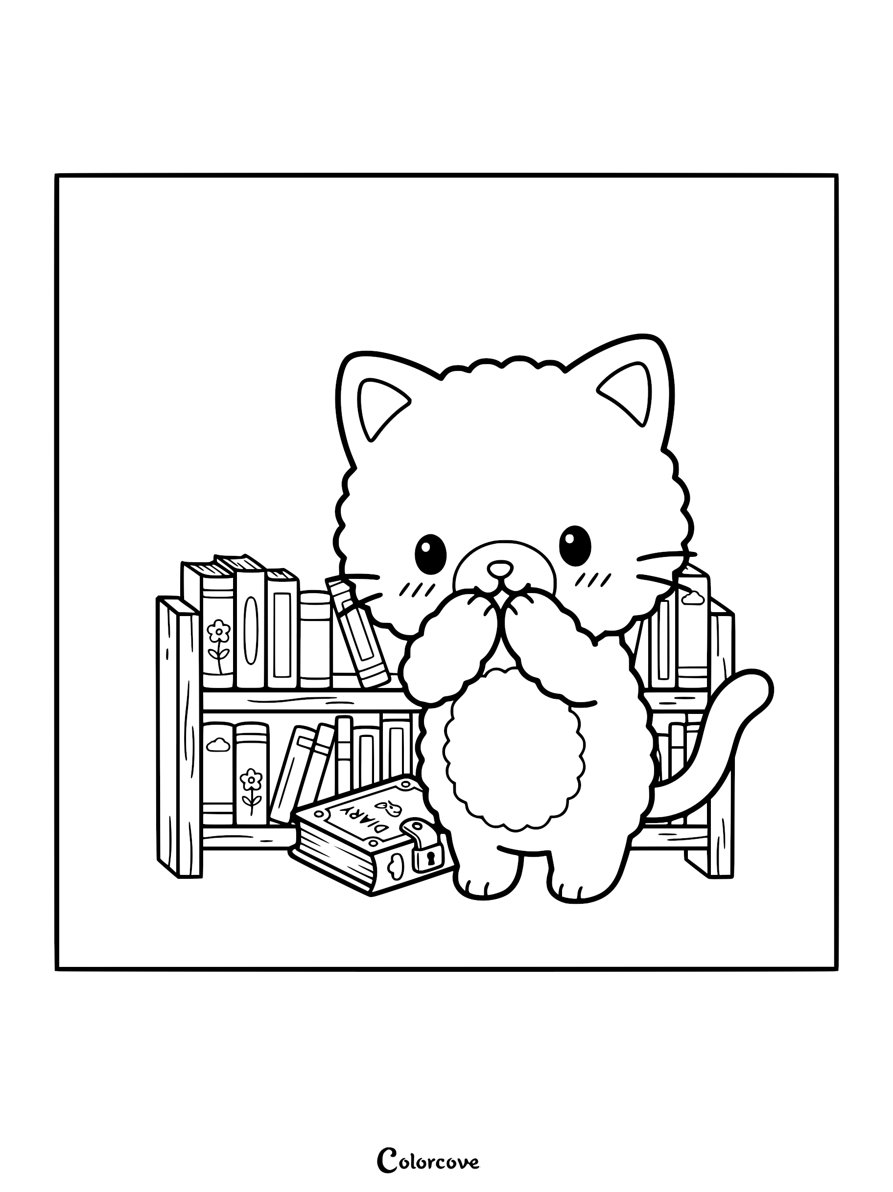 A cute fluffy kitten covering its mouth with paws in front of a bookshelf and a locked diary, coloring page style line art.