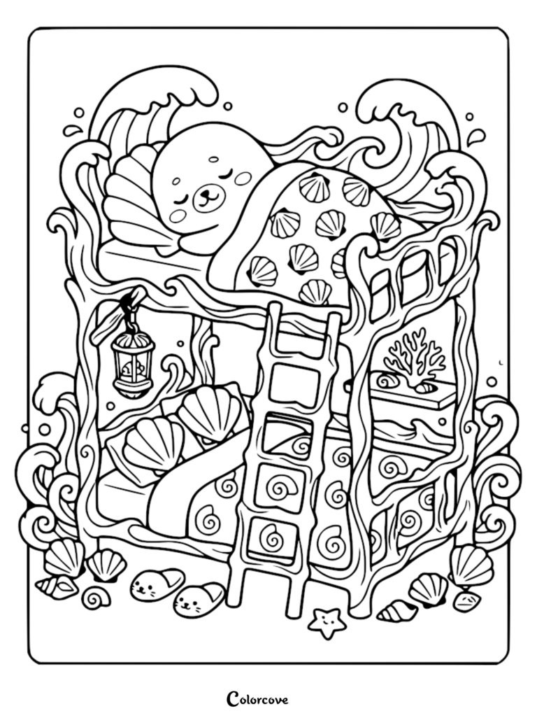 A cute seal sleeping in a seashell-patterned bunk bed, featuring a hanging lantern, coral decor, and seal-shaped slippers, in this underwater-themed coloring page.