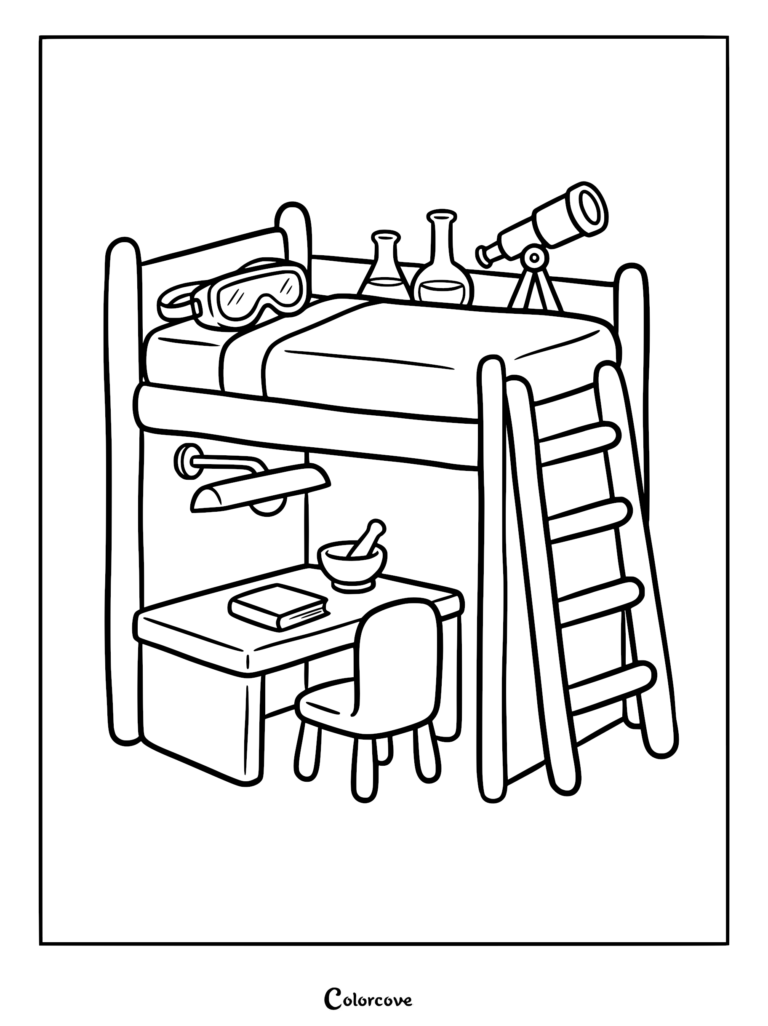 A line art coloring page of a loft bed featuring a desk underneath with a lamp, book, and mortar and pestle, plus safety goggles, beakers, and a telescope on the top bunk.