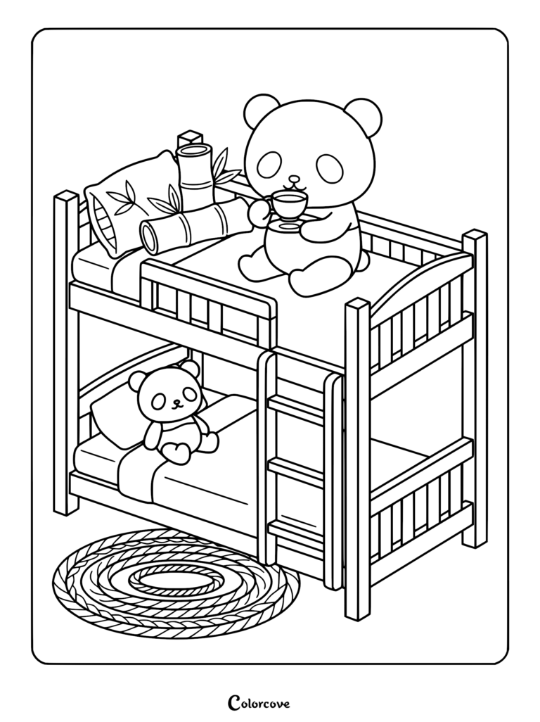 A cute panda sitting on the top bunk of a wooden bed holding a teacup, with a smaller panda sitting on the bottom bunk, featured in this printable coloring page.