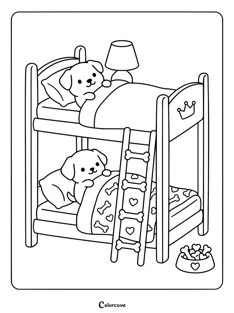 Two cute puppies sleeping in a bunk bed with bone-patterned bedding and a ladder, coloring page style line art.
