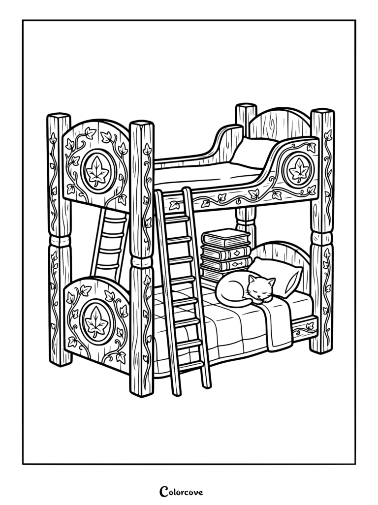 A detailed coloring page featuring a wooden bunk bed decorated with carved ivy leaves, with a cat sleeping on the bottom bunk next to a stack of books.