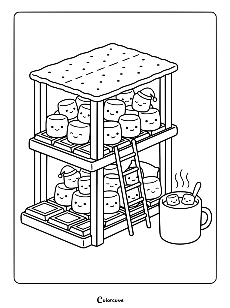 A cute coloring page featuring a bunk bed made of graham crackers and chocolate bars, filled with smiling marshmallows, some wearing nightcaps, next to a steaming mug of cocoa.
