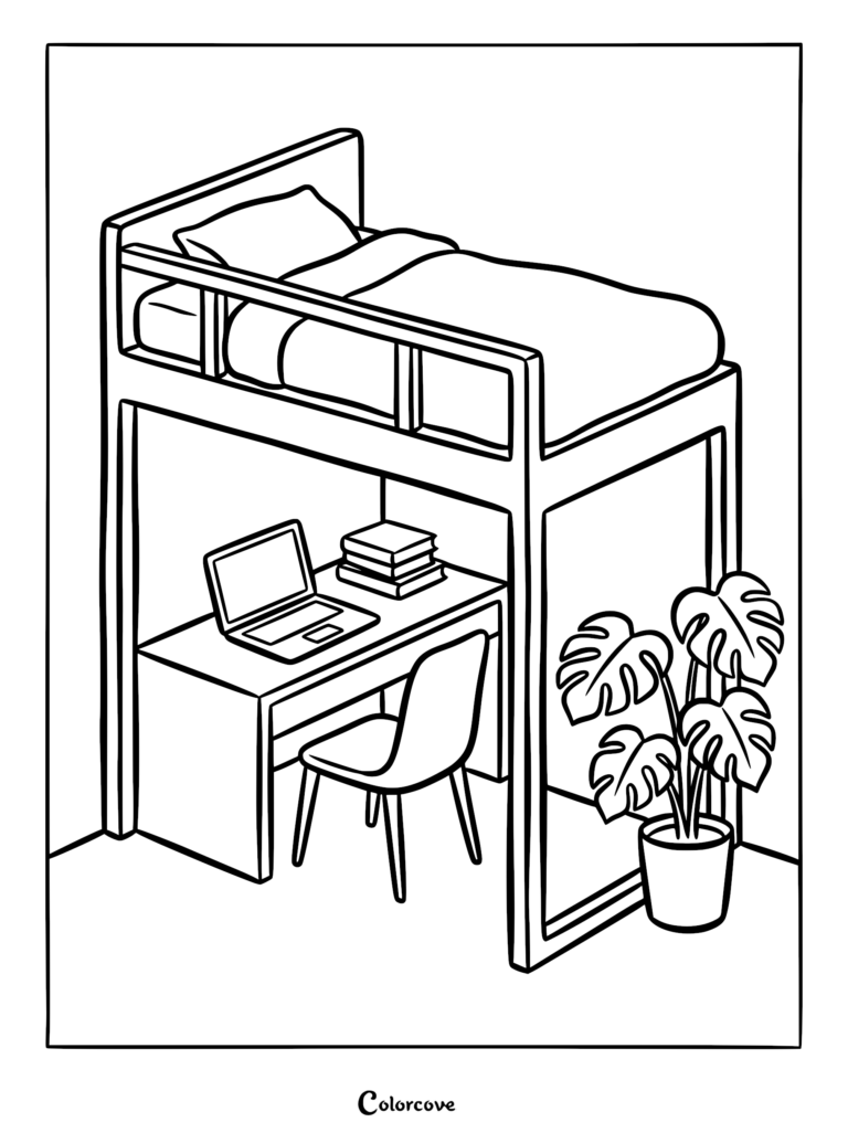 A line art coloring page featuring a lofted bunk bed with a desk, laptop, stacked books, and a potted monstera plant underneath.