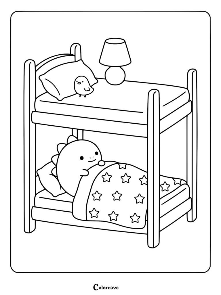 A cute dinosaur sleeping in a bunk bed with a small bird on the top bunk, featured in a printable coloring page.