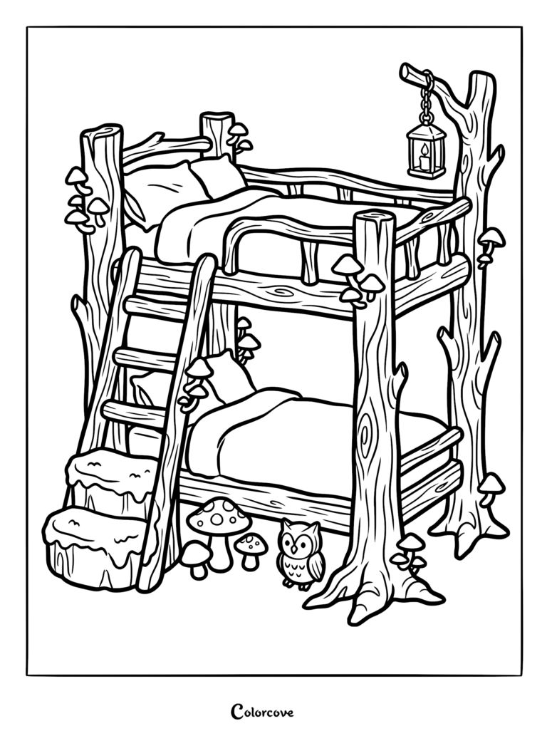 A whimsical bunk bed made of tree trunks and branches with mushrooms and a hanging lantern, featuring a small owl sitting on the floor in this coloring page.