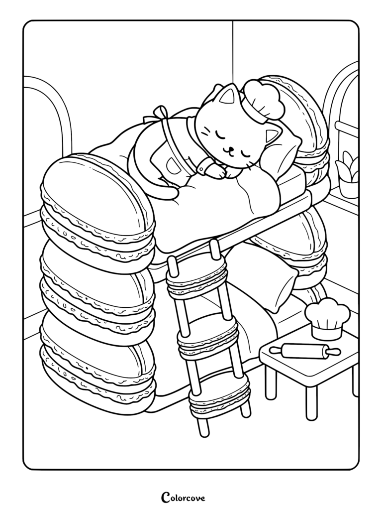 A cute kitten wearing a chef hat sleeping on a bunk bed made of giant macarons, featured in a printable coloring page.