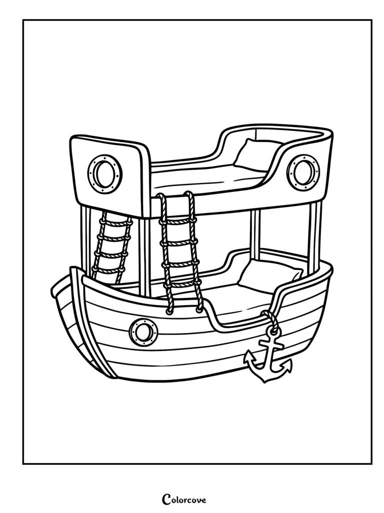 A printable coloring page featuring a bunk bed shaped like a wooden ship with portholes, rope ladders, and an anchor.