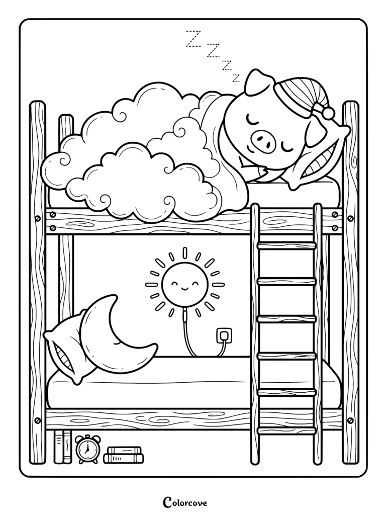 A cute piglet wearing a nightcap sleeping under fluffy blankets on the top bunk of a wooden bed, coloring page style.