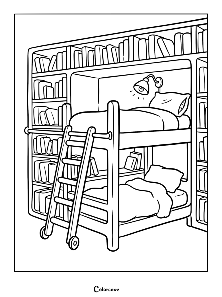 A line art coloring page featuring a bunk bed built into a wall of bookshelves with a reading lamp and ladder.