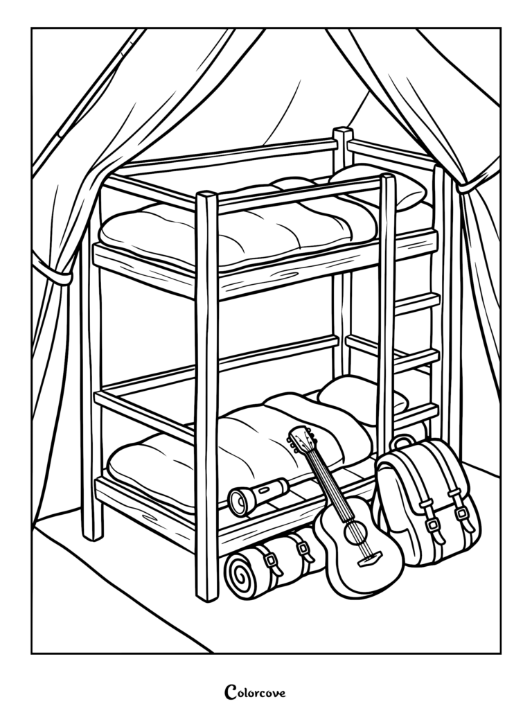 A bunk bed coloring page featuring a wooden frame under a tent canopy with a guitar, flashlight, rolled sleeping bag, and backpack.