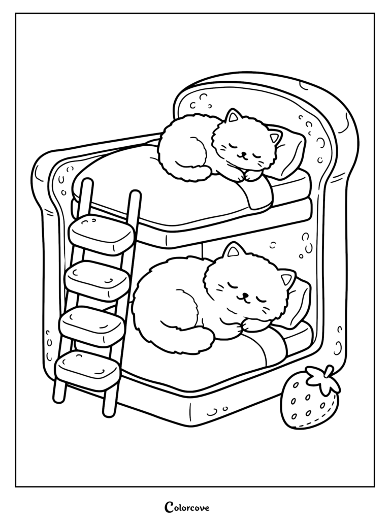 Two fluffy kittens sleeping on a bunk bed shaped like a slice of bread, coloring page style line art with a strawberry nearby.